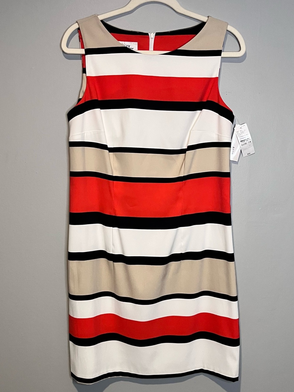 Alyx Dress Womens Sz 14 White Tan Coral Striped Knee Length Straight Zip NWT